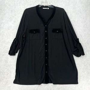 Susan‎ Graver Liquid Knit Button Down Blouse Womens XL Velvet Trim Black